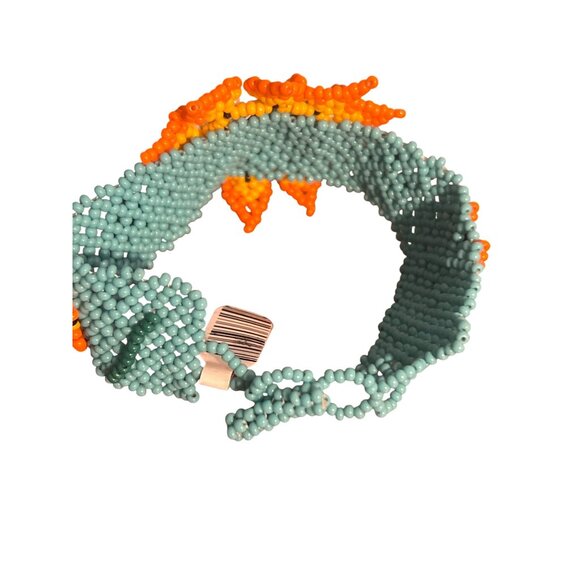Shakira Huichol Seed Bead Cuff Bracelet 3D Flowers Turquoise Orange 3 Sizes NWT - Picture 5 of 8